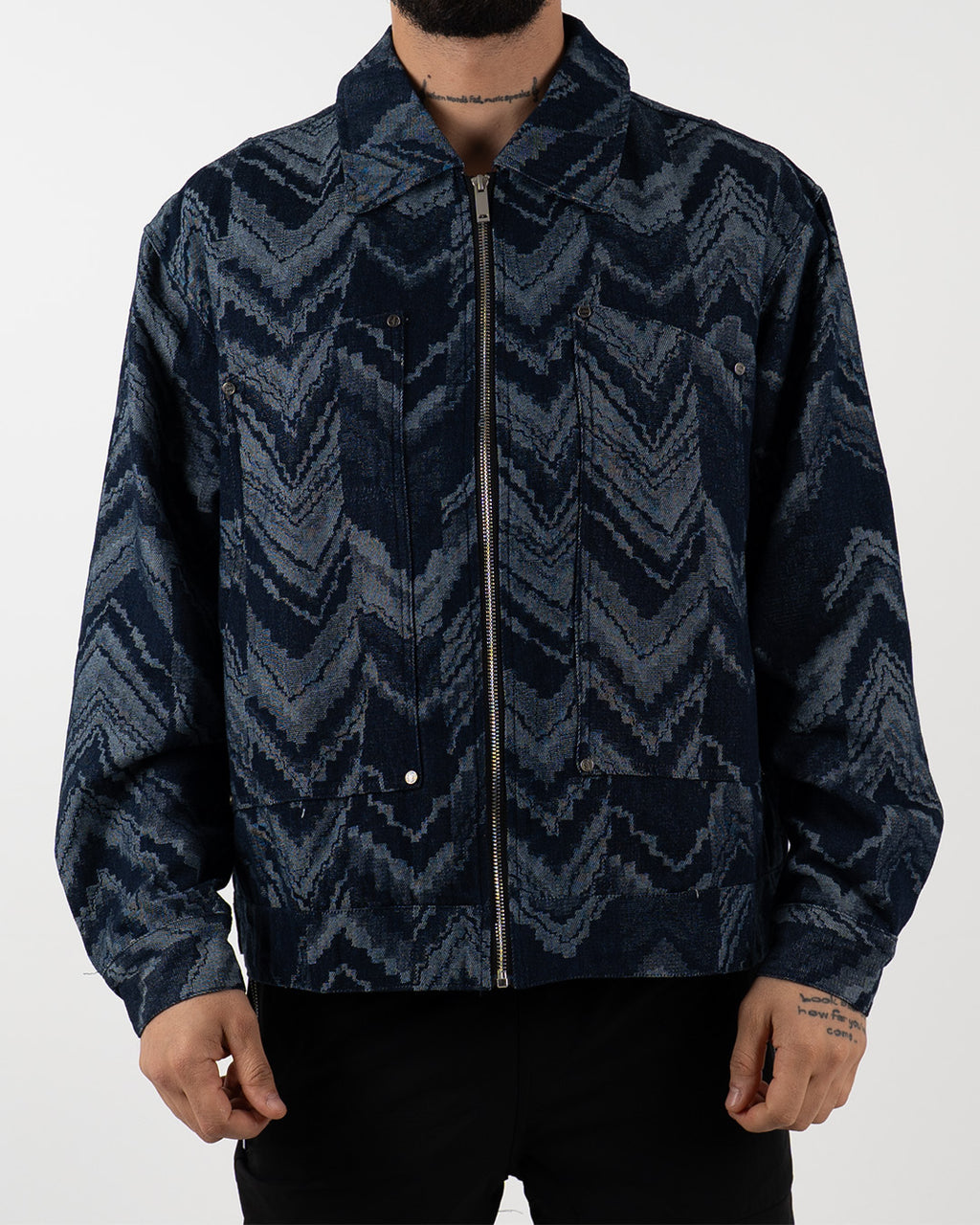 Navy Textured Geometric Zip-Up Jacket
