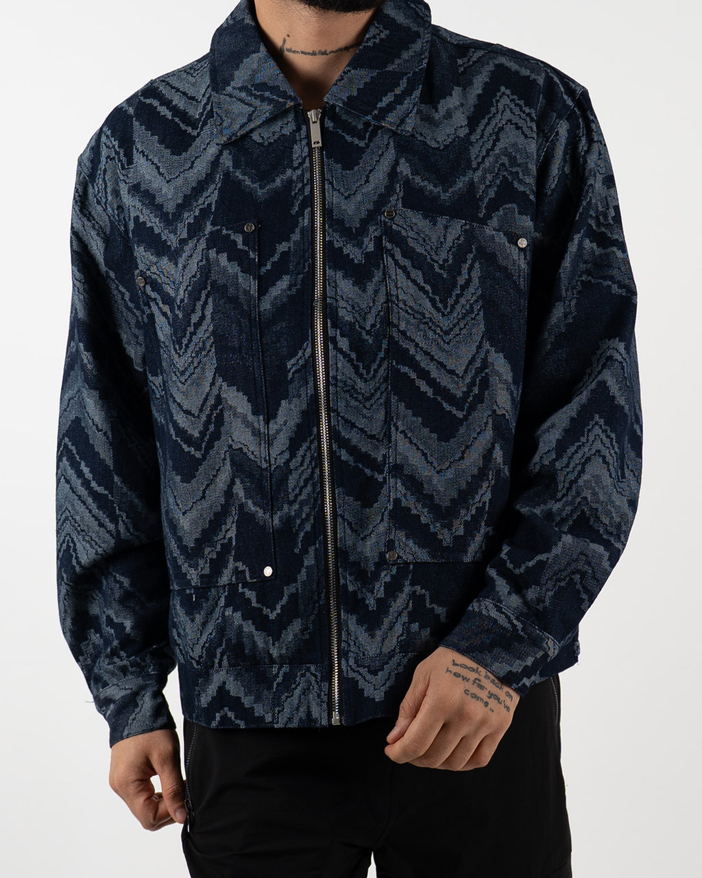 Navy Textured Geometric Zip-Up Jacket