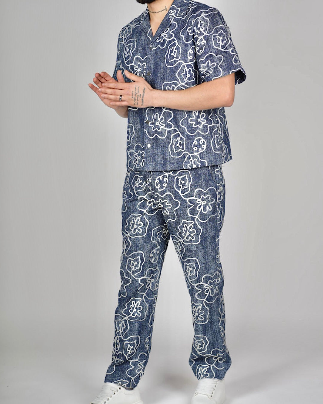 Blue Floral Pattern Shirt & Trouser Set