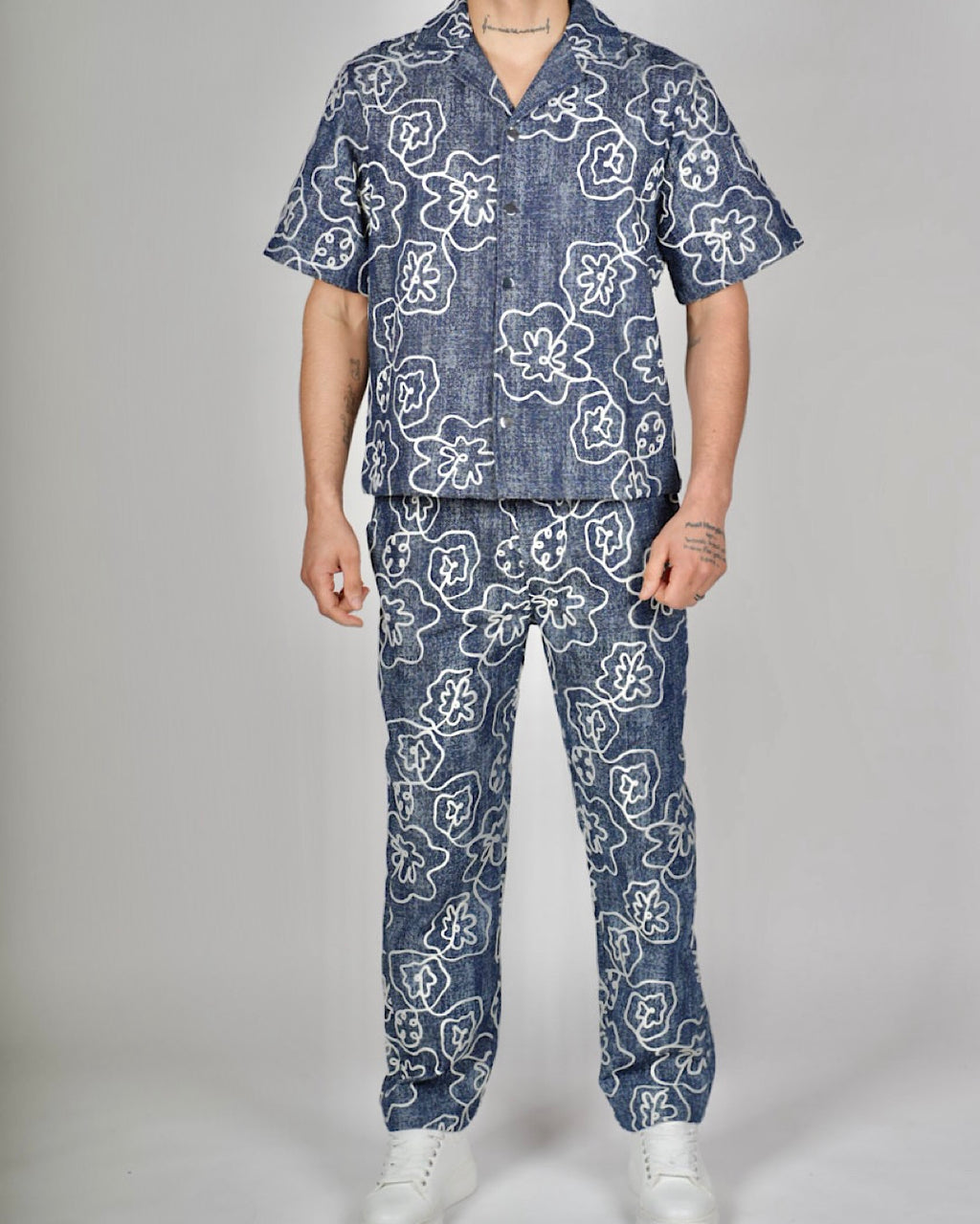Blue Floral Pattern Shirt & Trouser Set