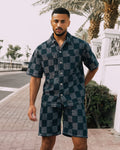 Blue Checkerboard Denim Shirt and Short Set