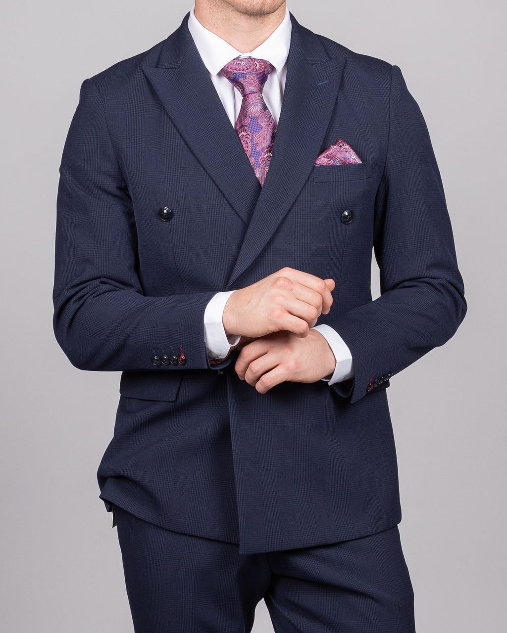 Bromley - Navy Double Breasted Check Blazer