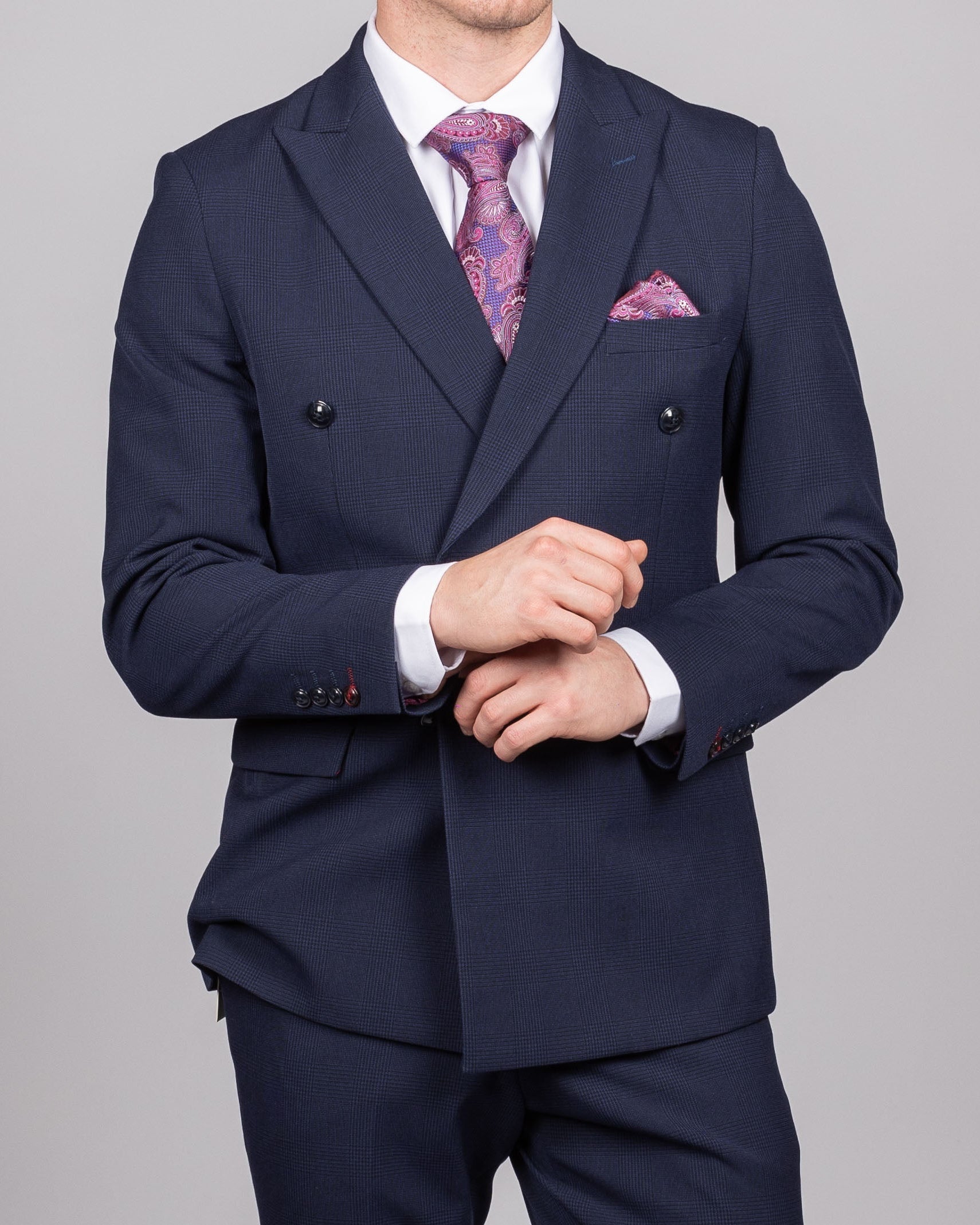 Bromley - Navy Double Breasted Check Blazer