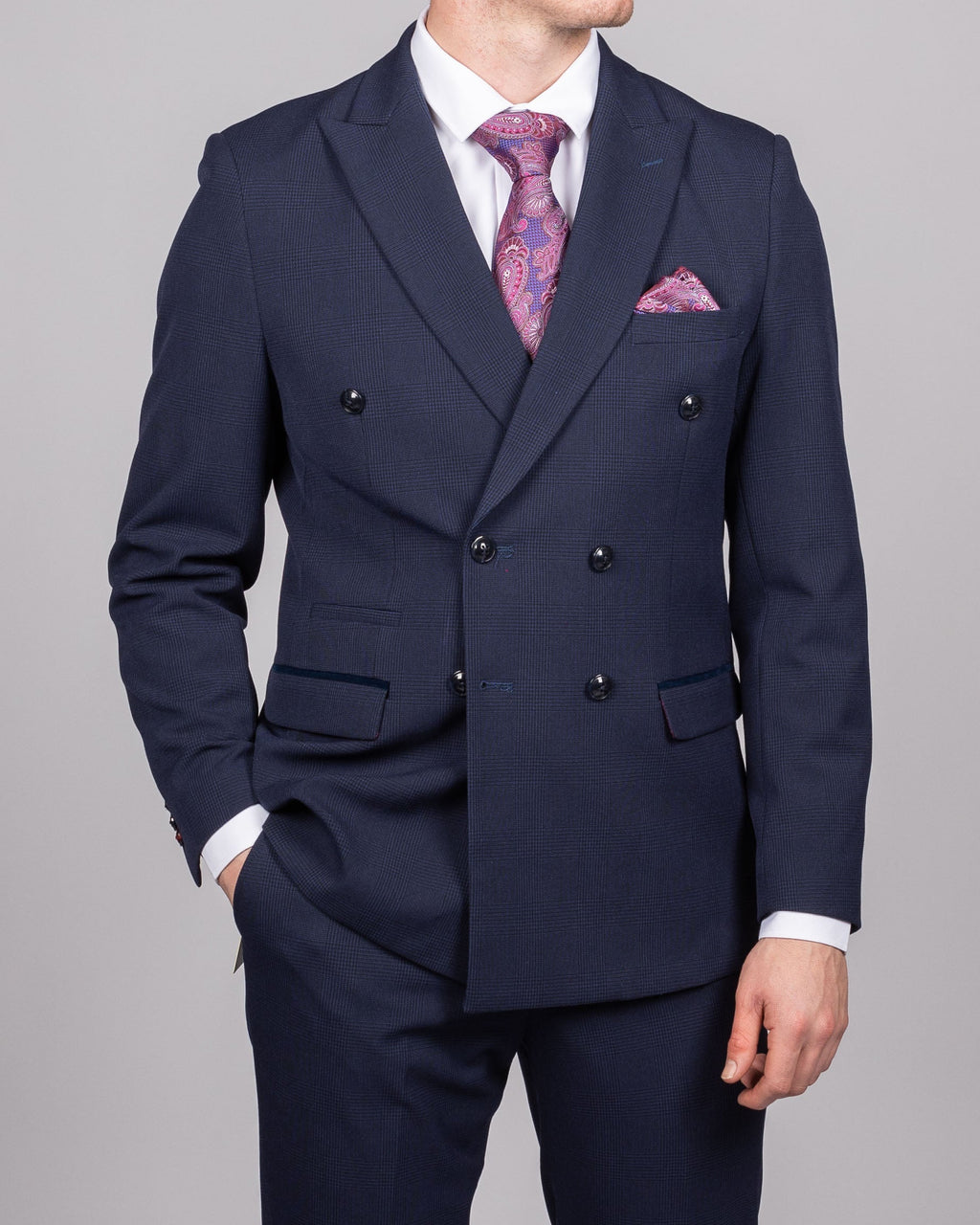 Bromley - Navy Double Breasted Check Blazer