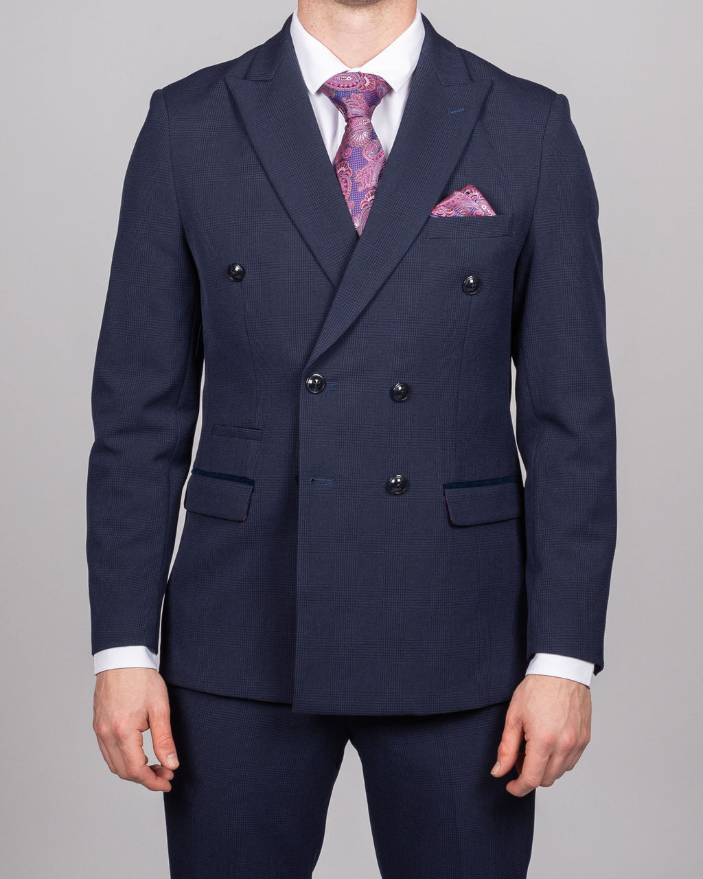 Bromley - Navy Double Breasted Check Blazer