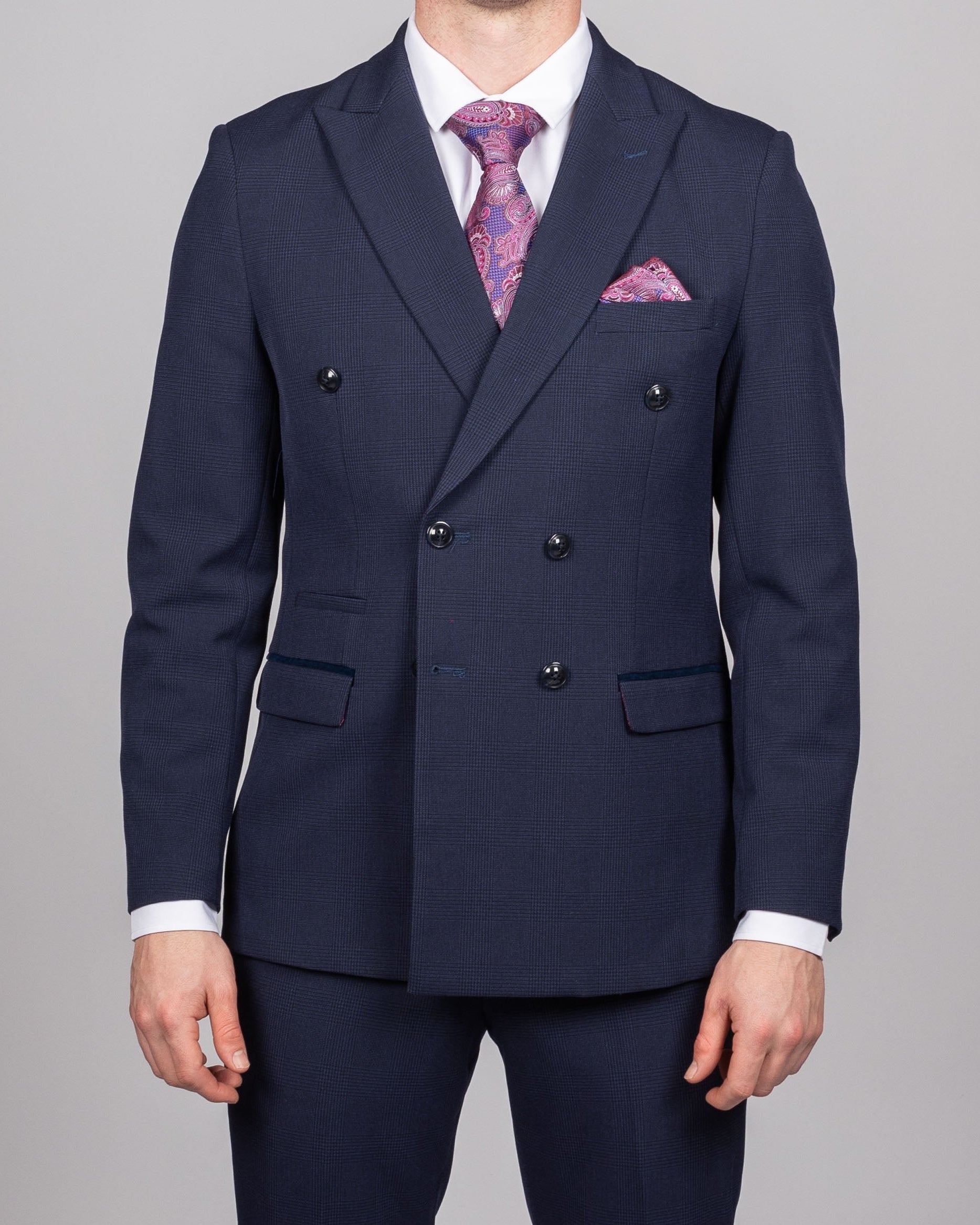 Bromley - Navy Double Breasted Check Blazer