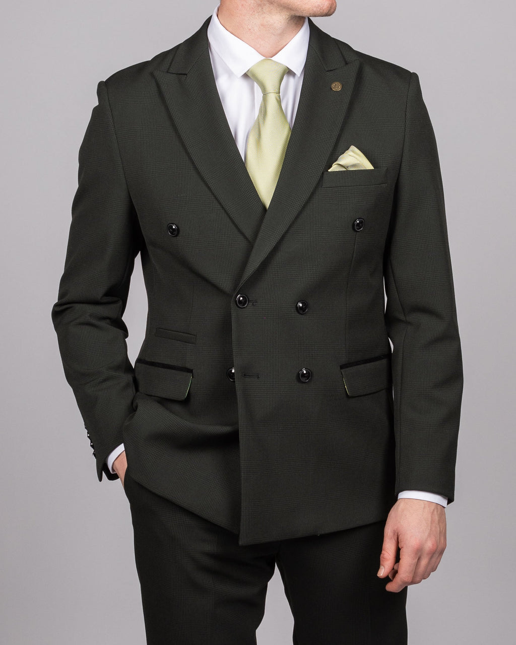 Bromley - Olive Green Double Breasted Check Blazer