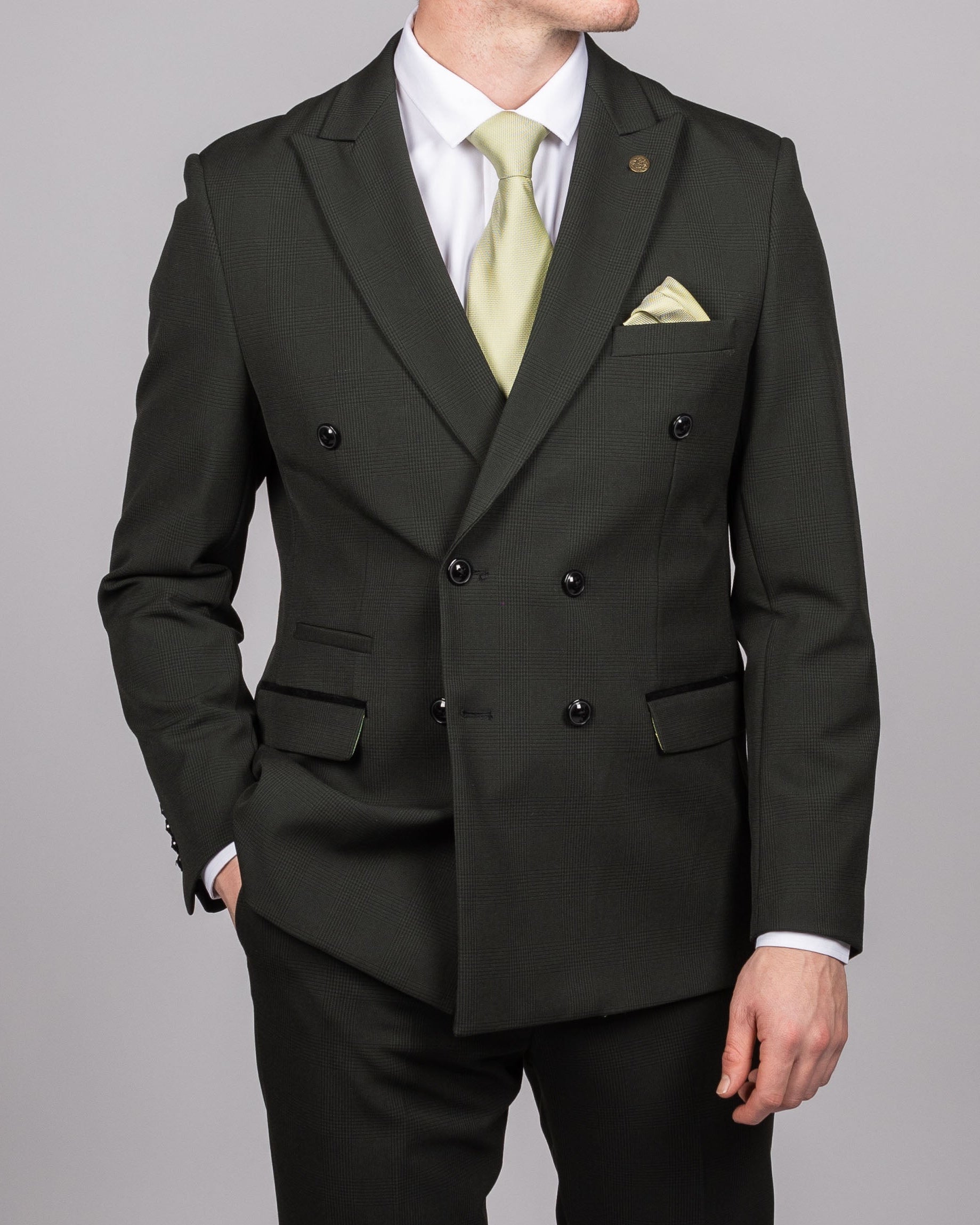 Bromley - Olive Green Double Breasted Check Blazer
