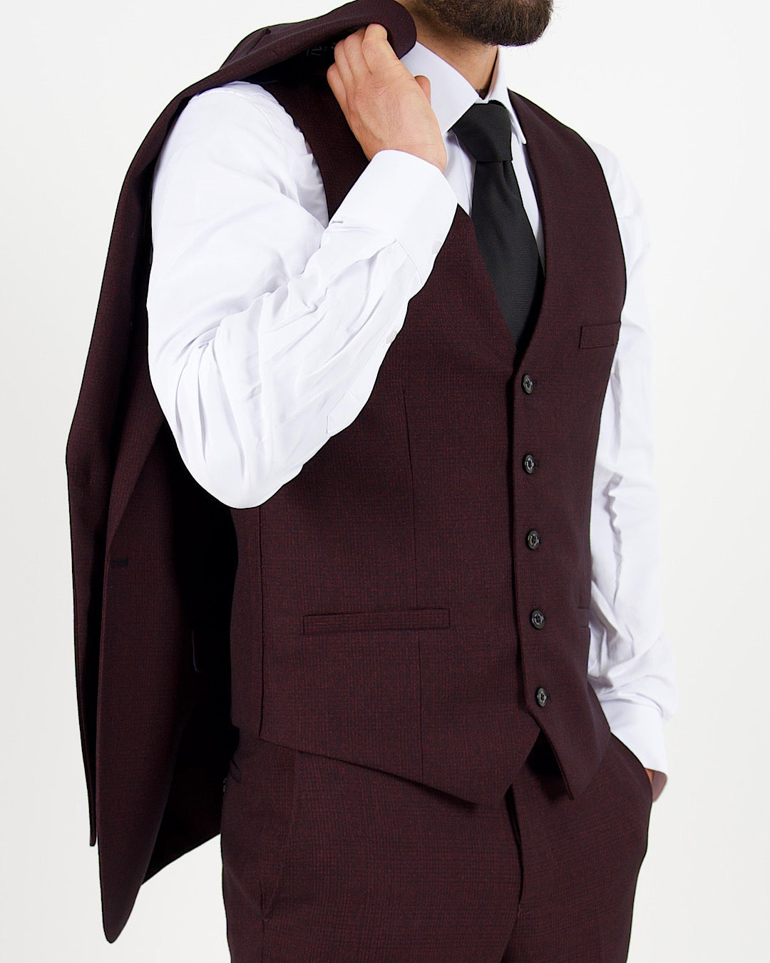 Caridi Wine Regular Check Three Piece Suit