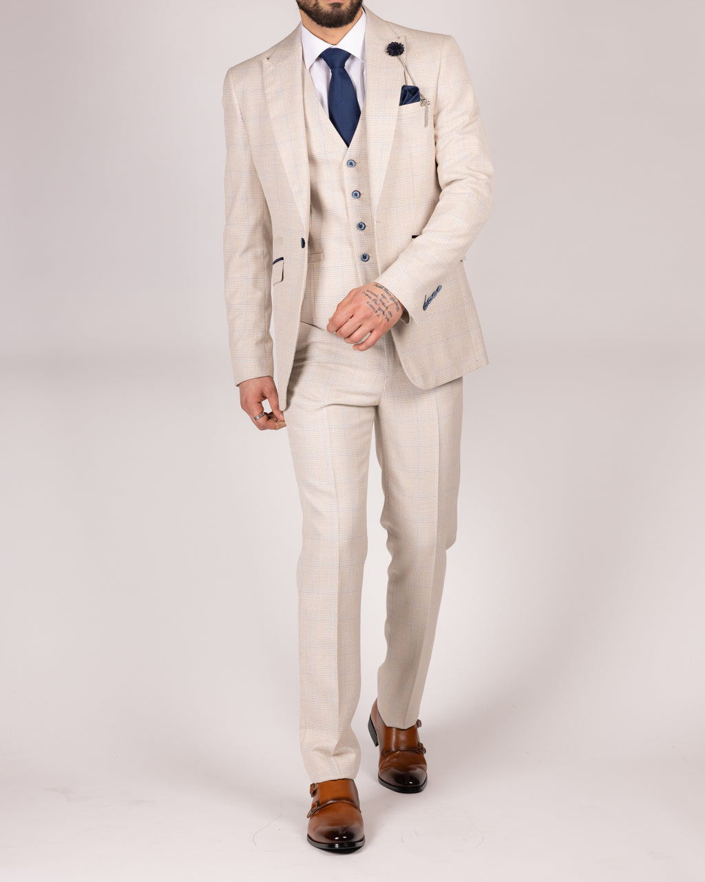 Caridi Beige Check Three Piece Suit