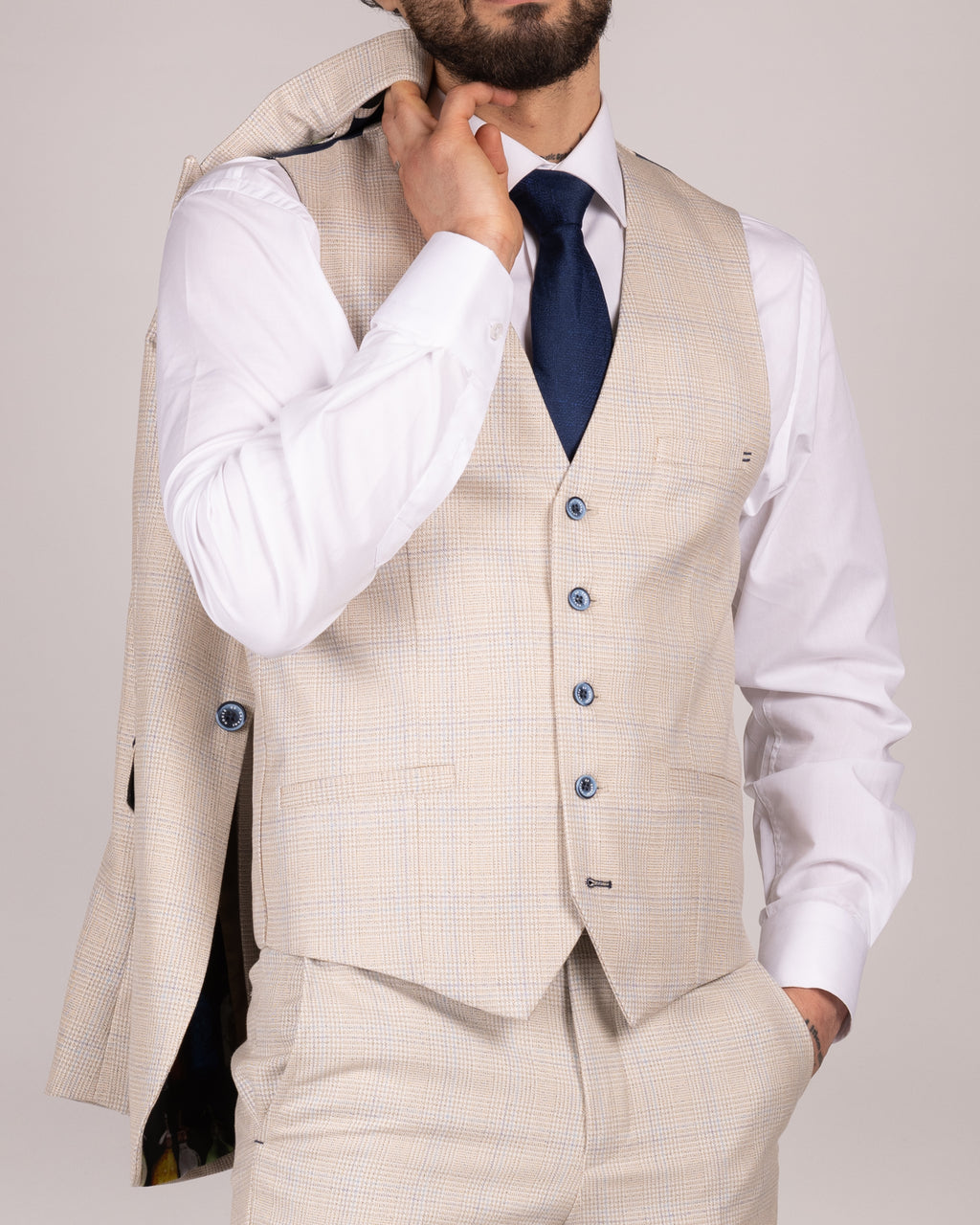 Caridi Beige Check Three Piece Suit