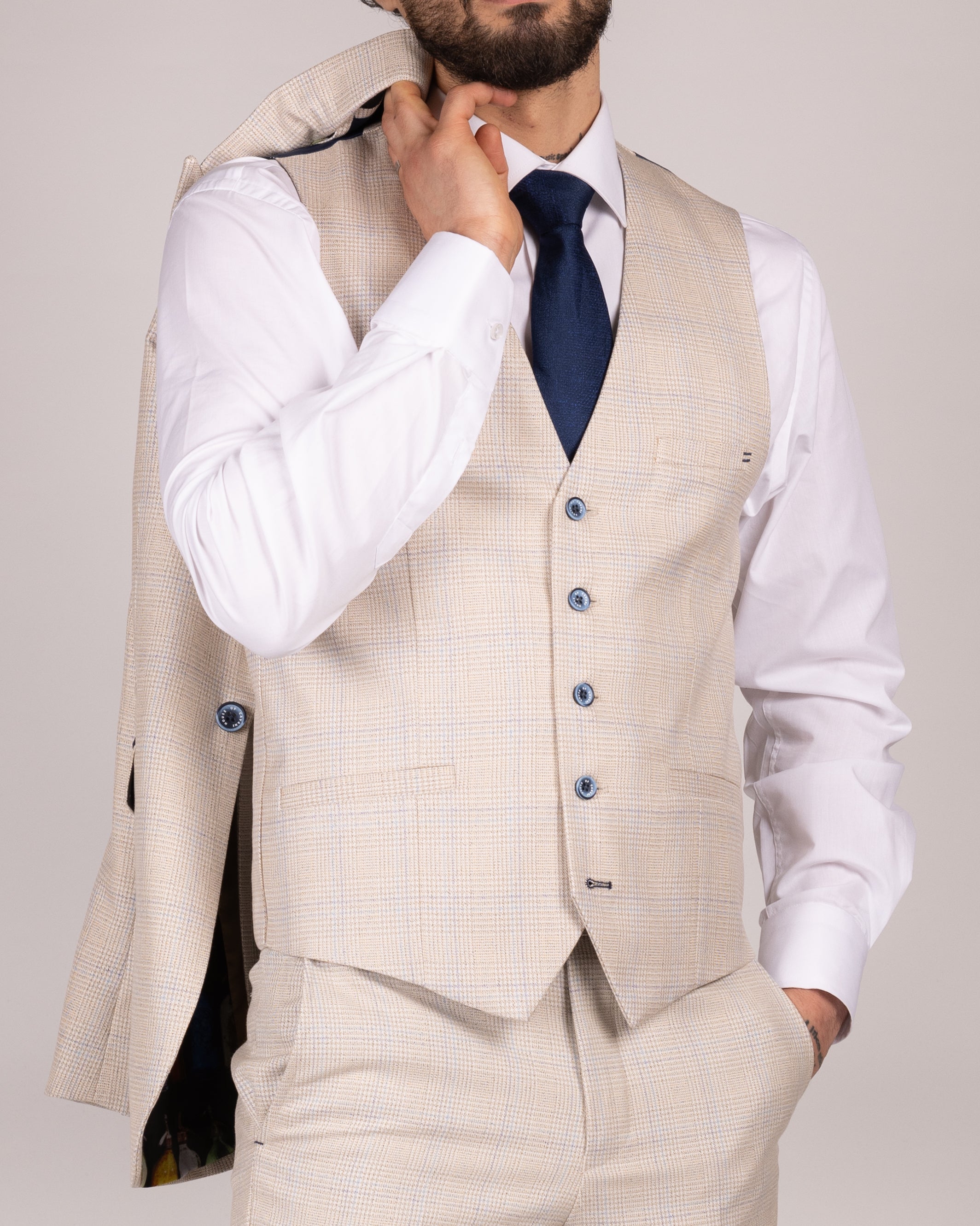 Caridi Beige Check Three Piece Suit