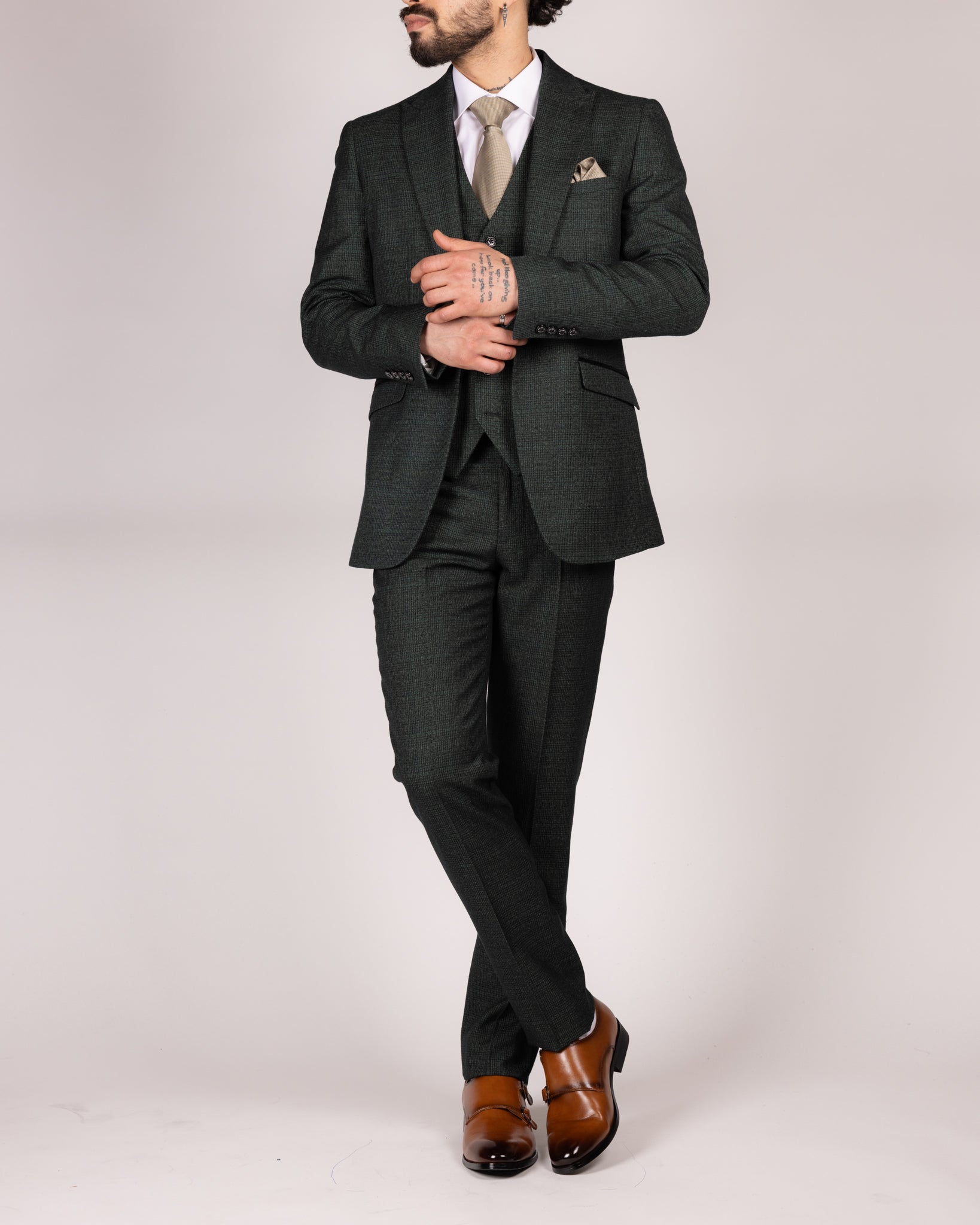 Caridi Olive Check Three Piece Suit