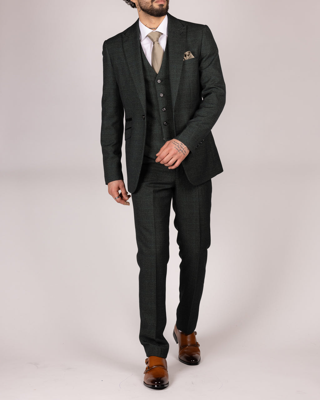 Caridi Olive Check Three Piece Suit