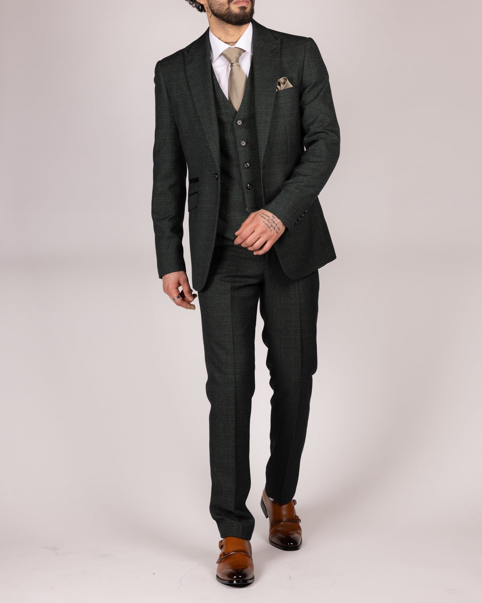 Caridi Olive Check Three Piece Suit