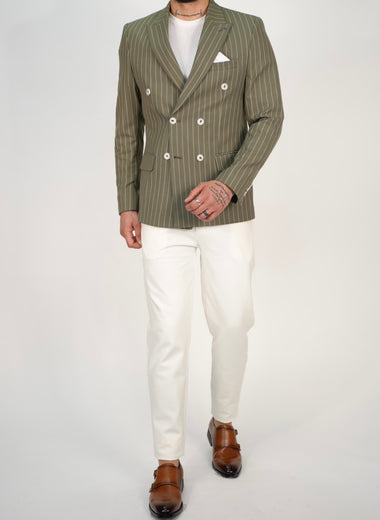 Owen Olive Green Pinstripe Double Breasted Blazer