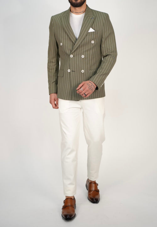Owen Olive Green Pinstripe Double Breasted Blazer