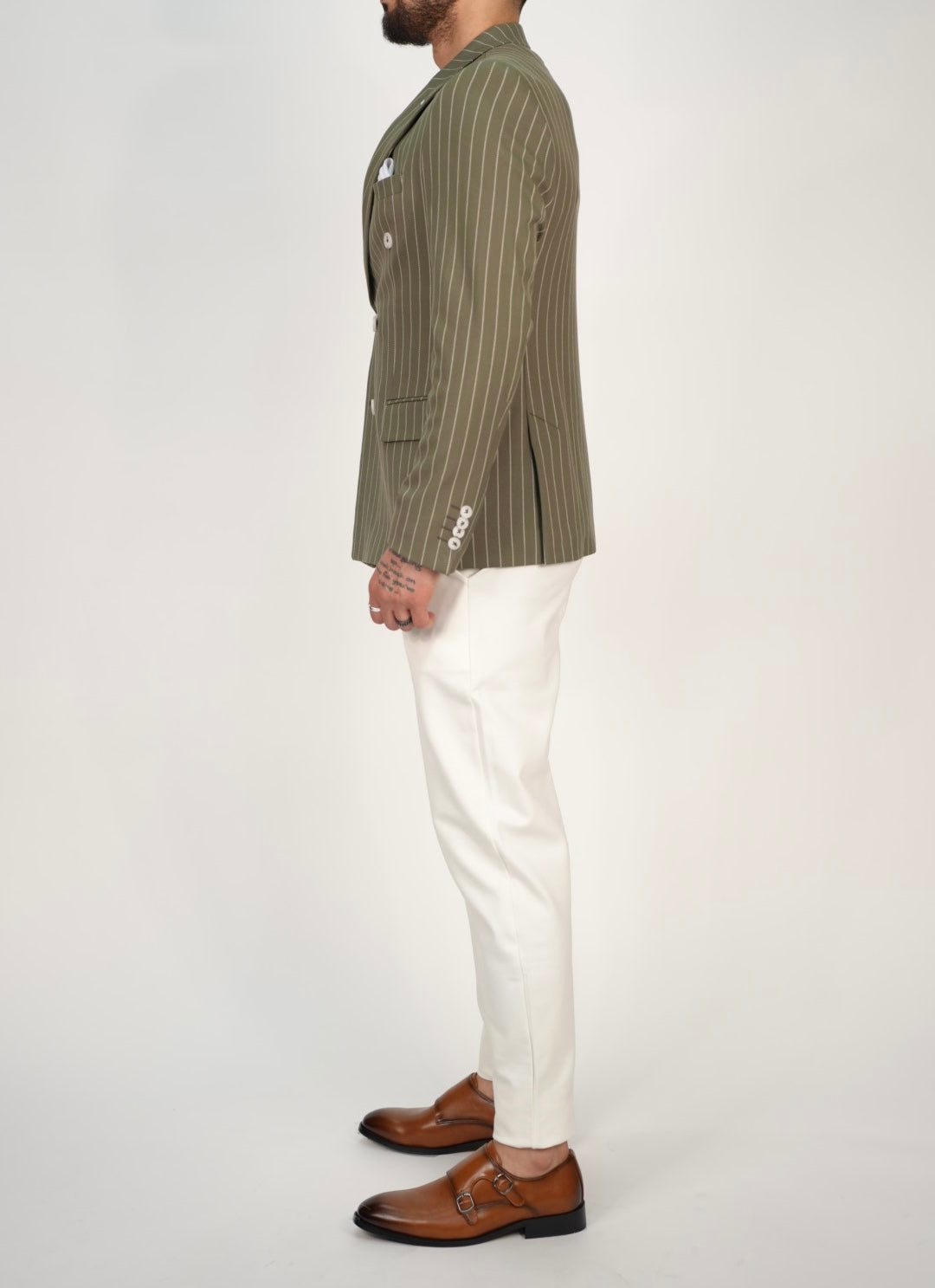 Owen Olive Green Pinstripe Double Breasted Blazer