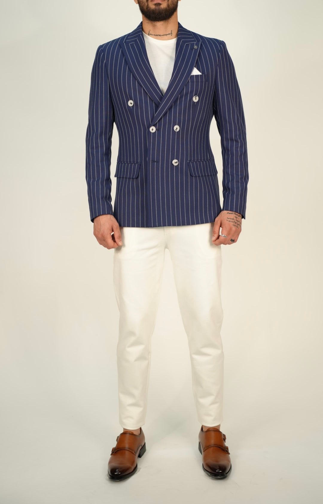 Owen Dark Blue Pinstripe Double Breasted Blazer