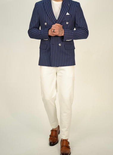 Owen Dark Blue Pinstripe Double Breasted Blazer