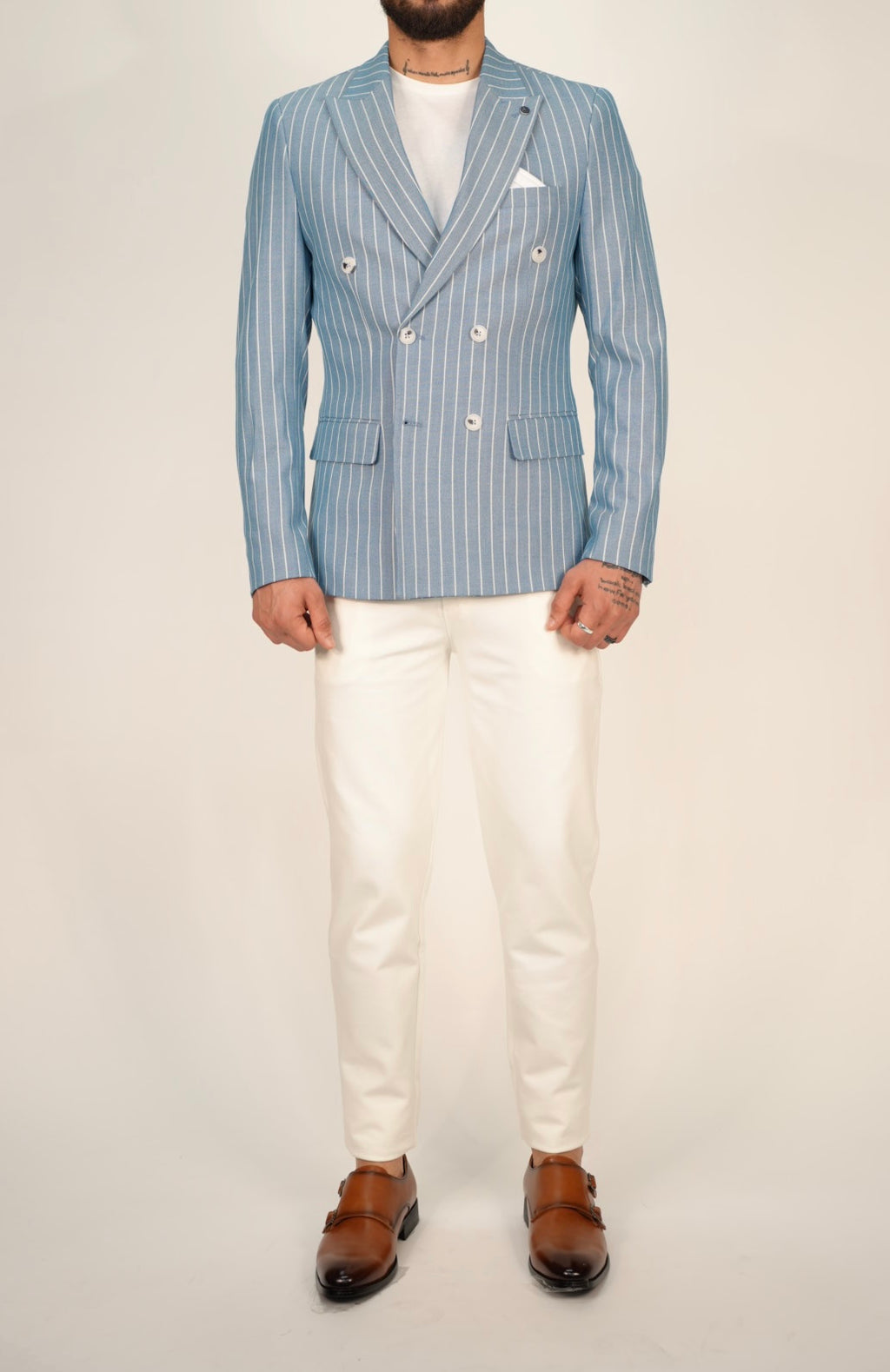 Owen Light Blue Pinstripe Double Breasted Blazer