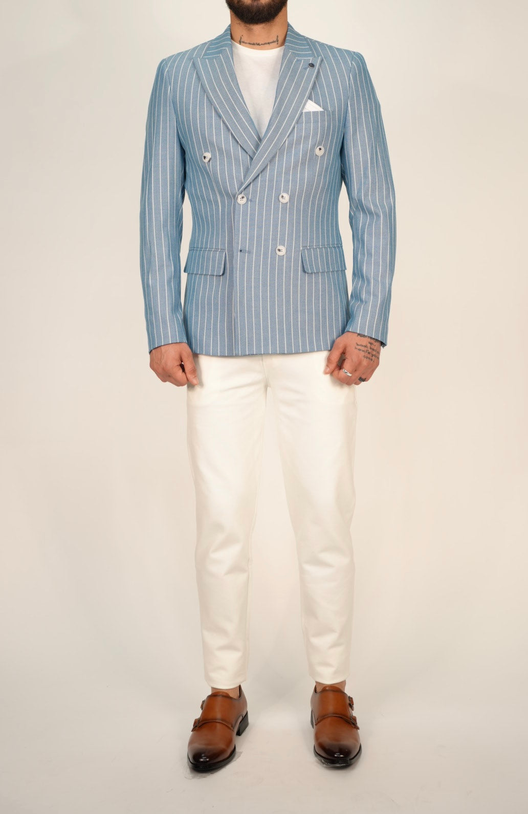 Owen Light Blue Pinstripe Double Breasted Blazer