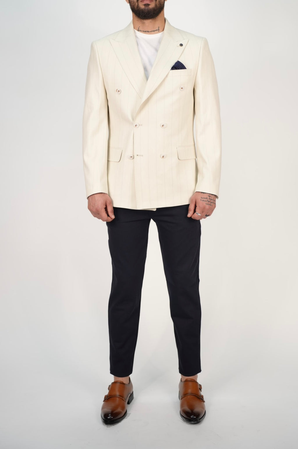 Owen Cream Pinstripe Double Breasted Blazer