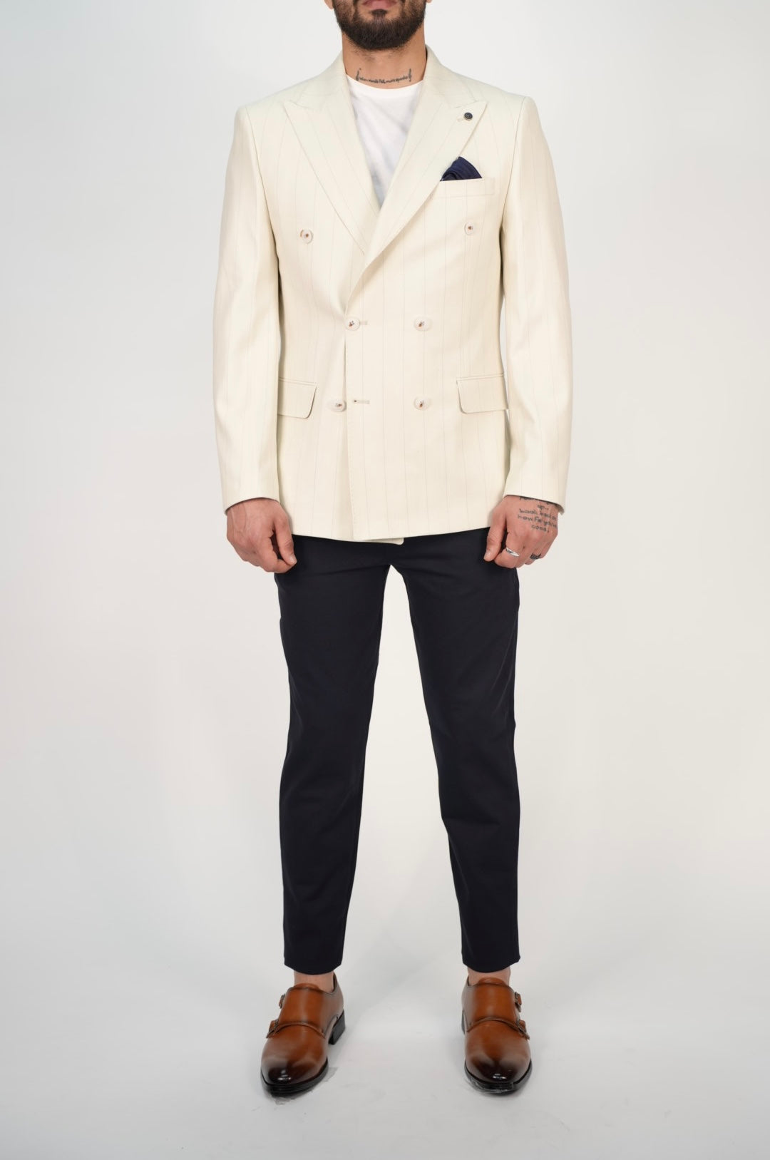 Owen Cream Pinstripe Double Breasted Blazer