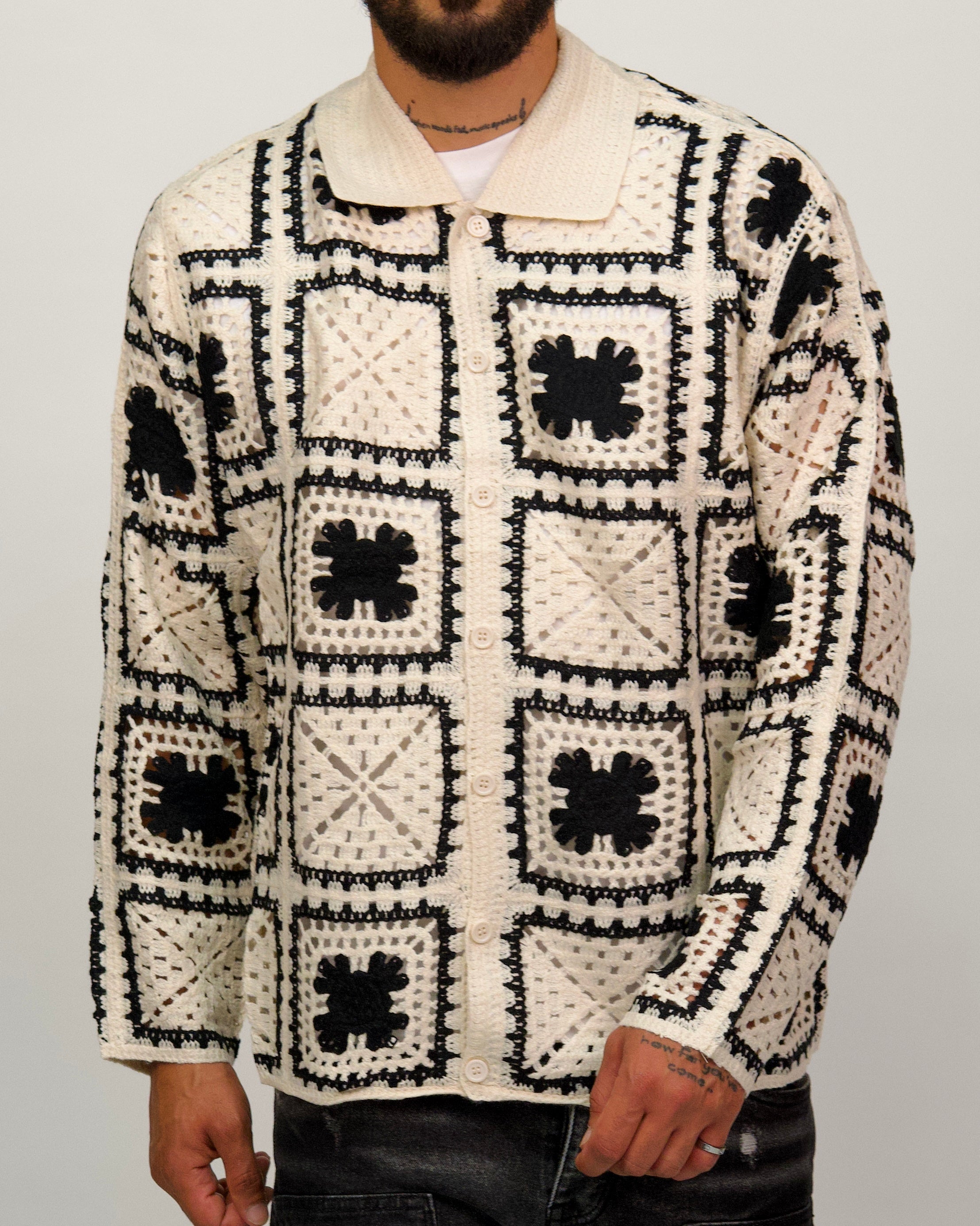 Crochet Shirt Jacket with Geometric Pattern