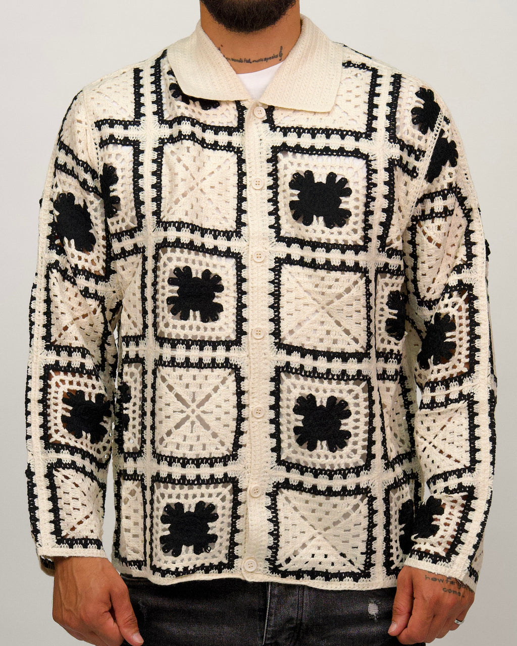 Crochet Shirt Jacket with Geometric Pattern