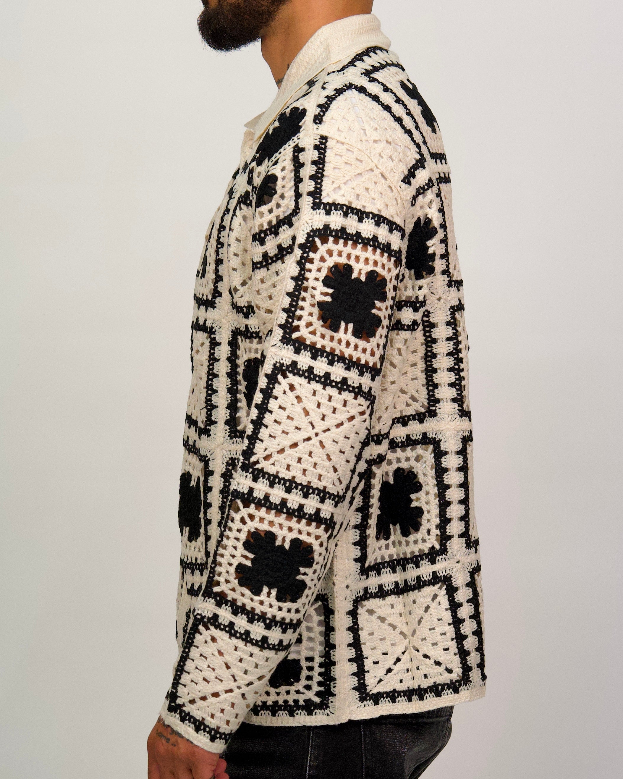 Crochet Shirt Jacket with Geometric Pattern