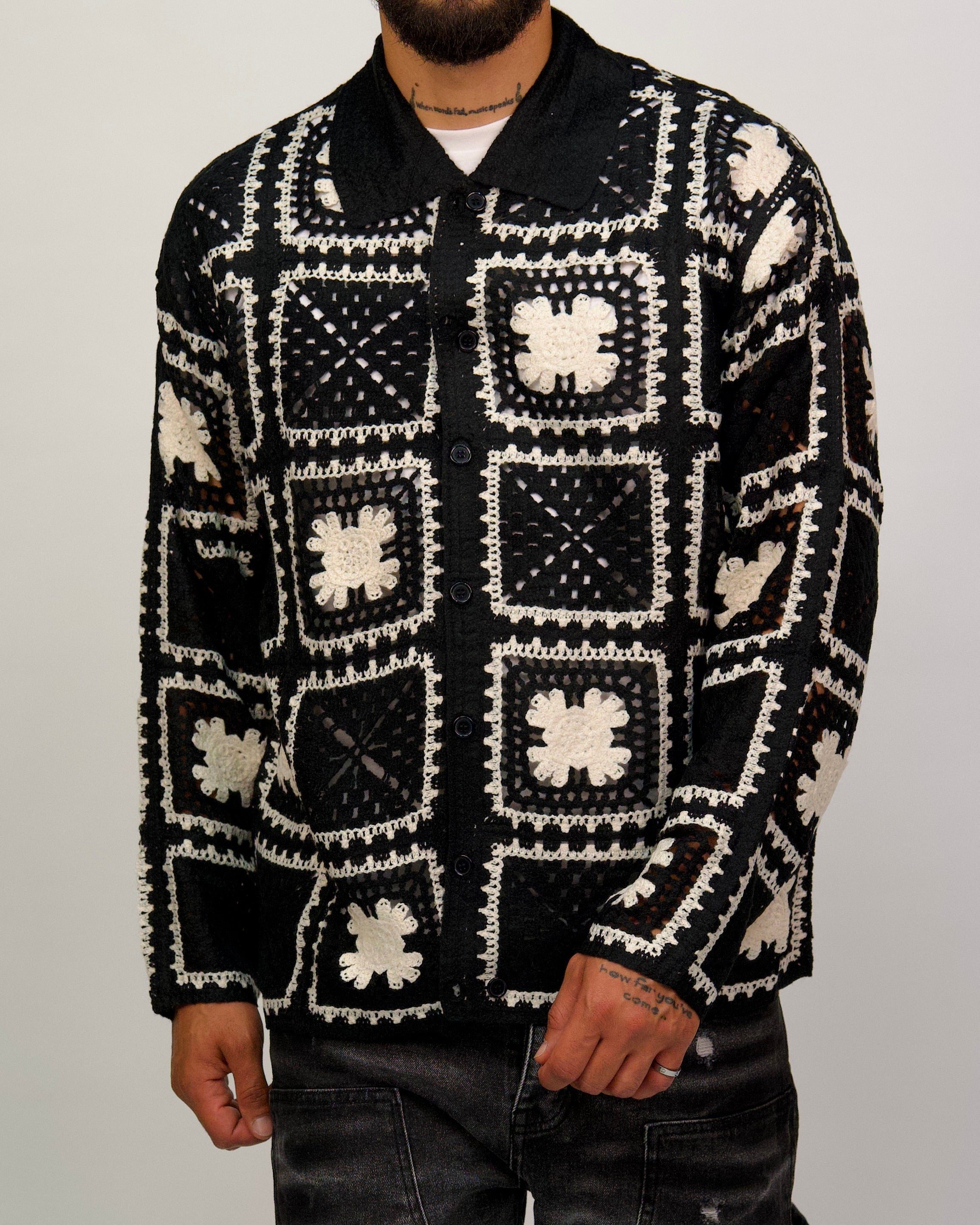 Crochet Shirt Jacket with Geometric Pattern