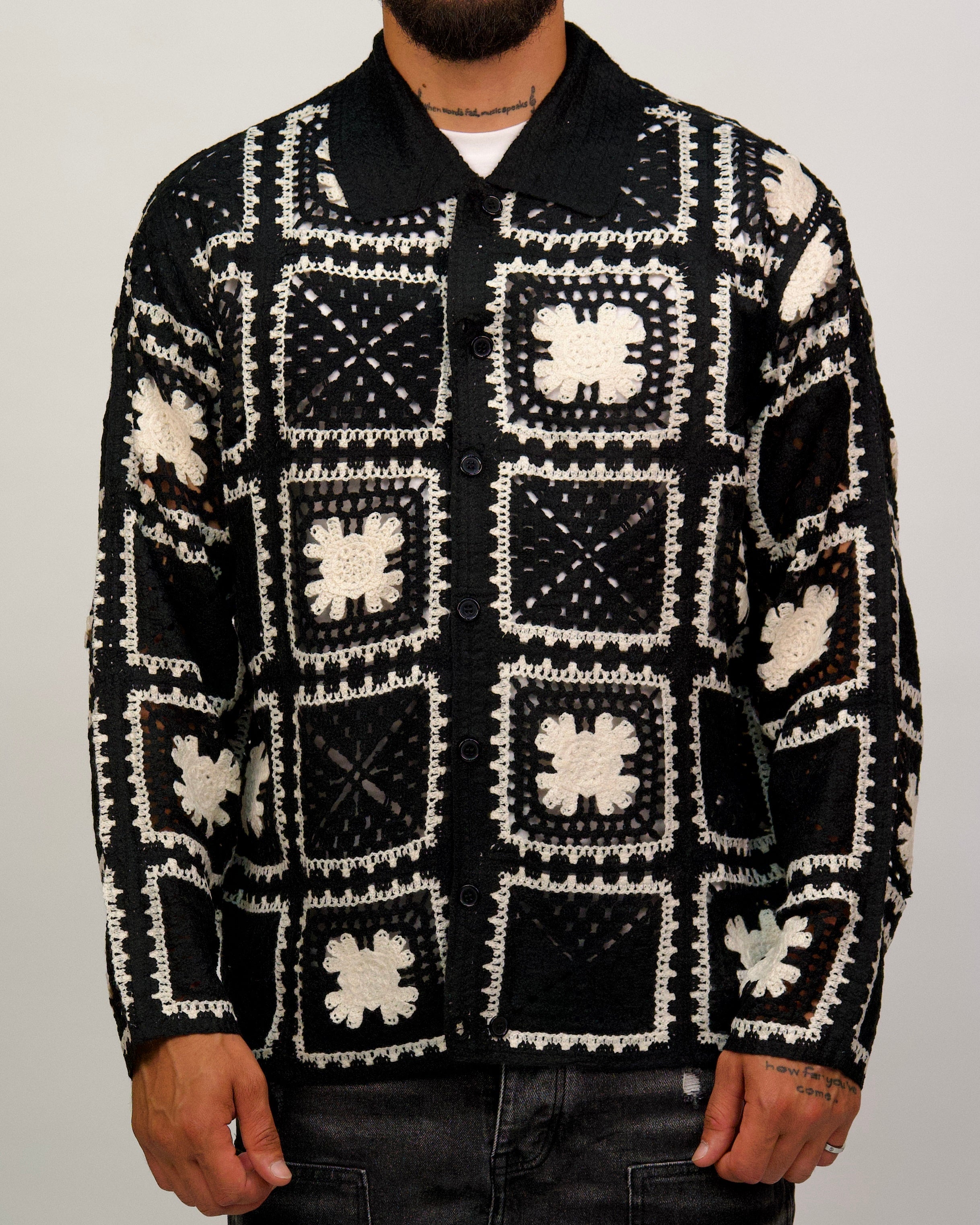 Crochet Shirt Jacket with Geometric Pattern