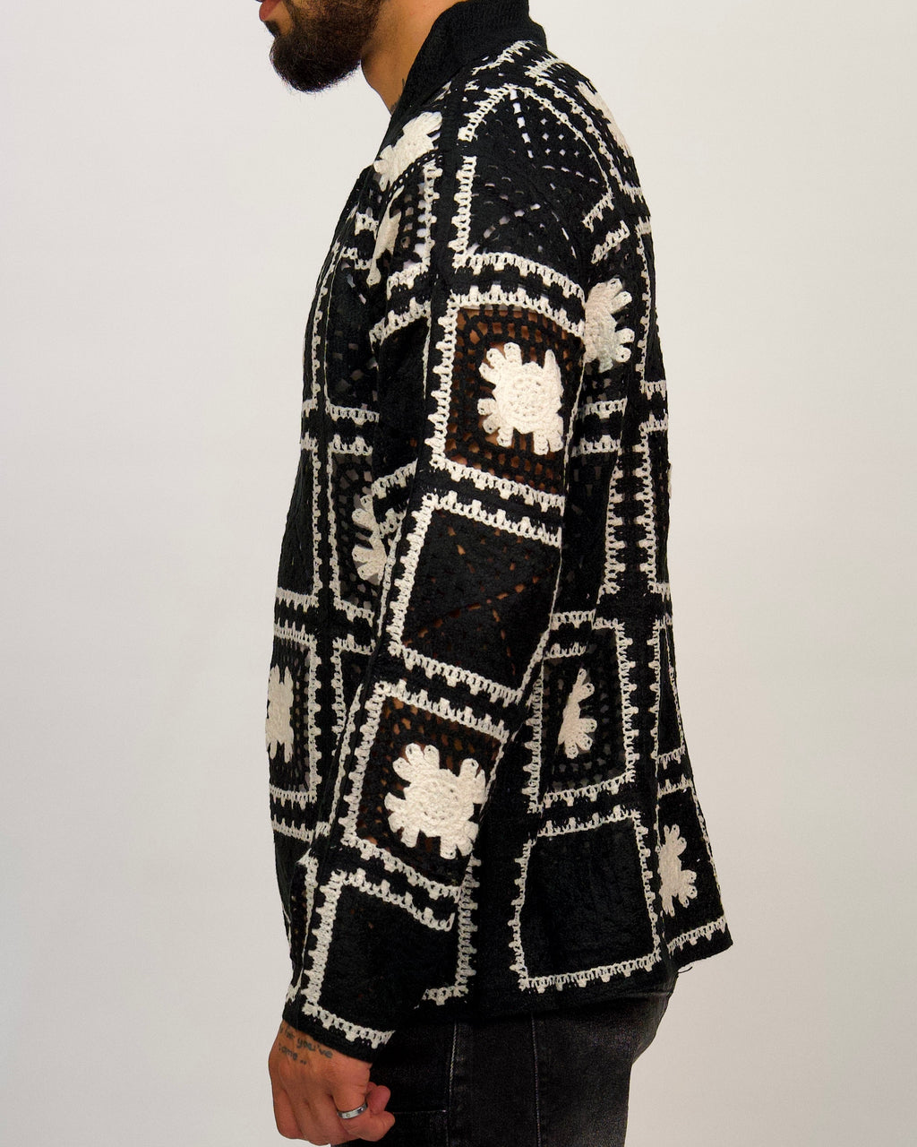 Crochet Shirt Jacket with Geometric Pattern
