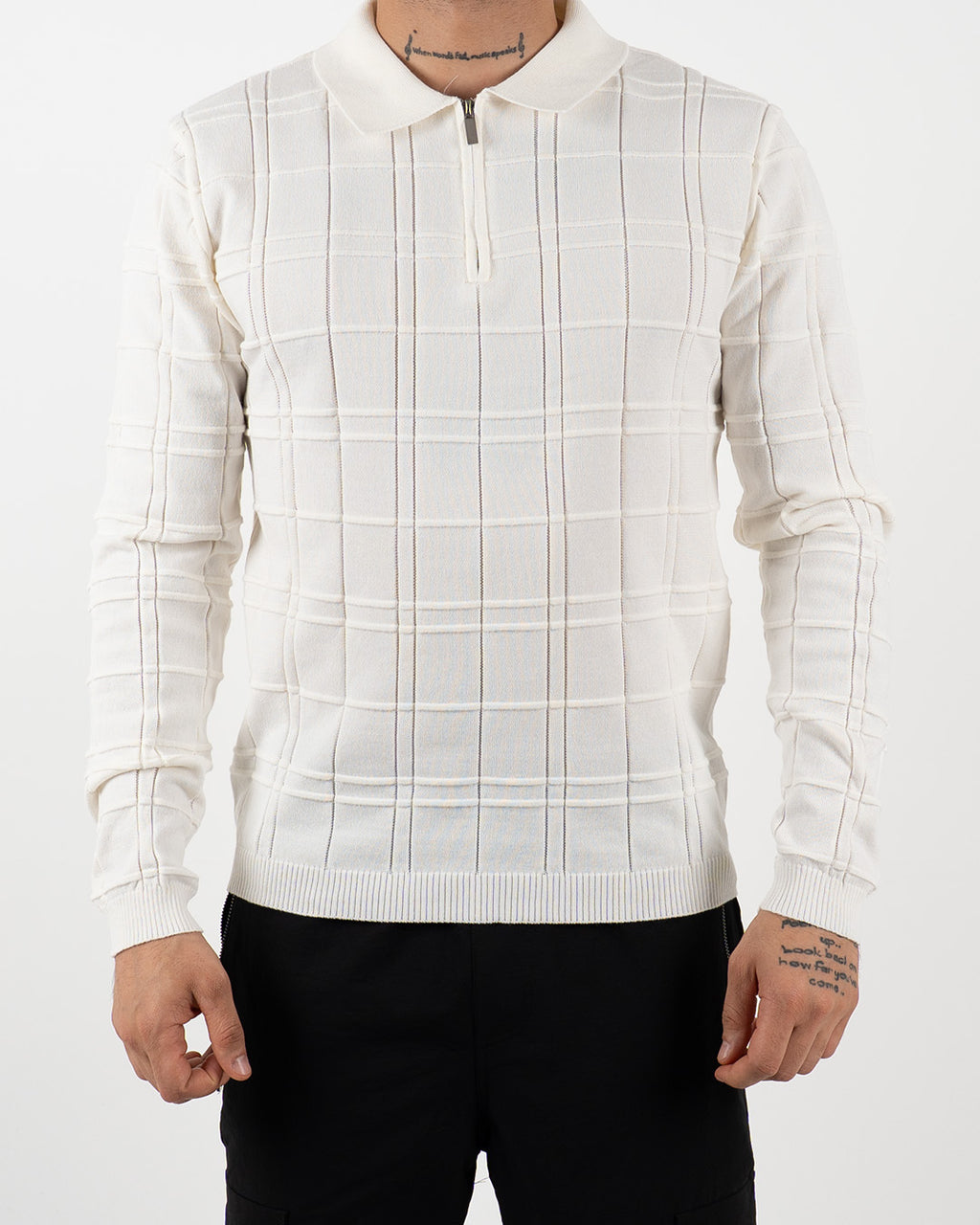 White Textured Check Quarter Zip Polo