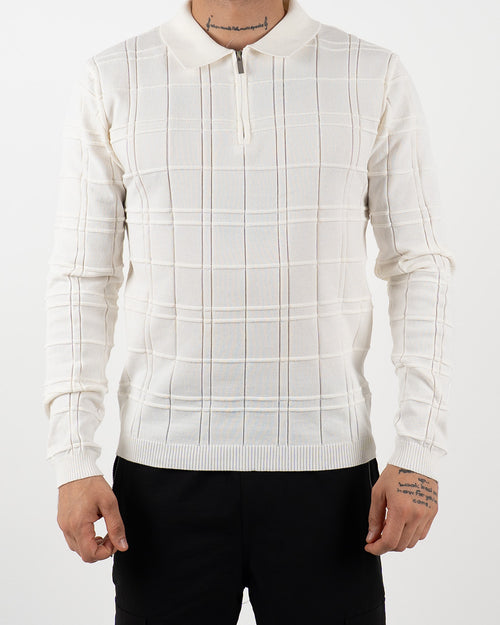 White Textured Check Quarter Zip Polo