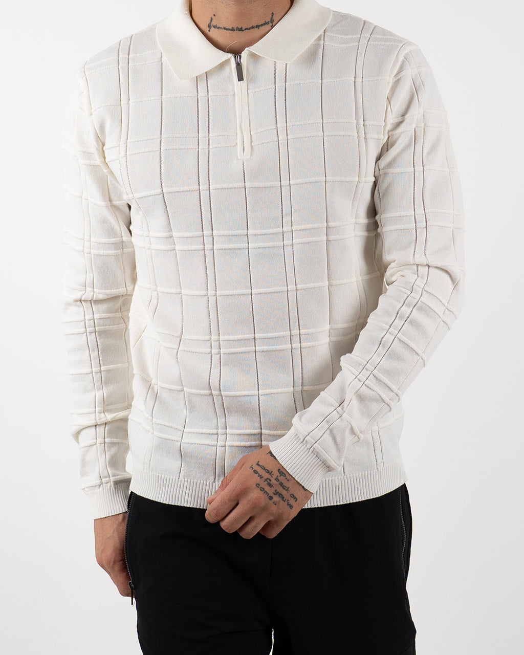 White Textured Check Quarter Zip Polo