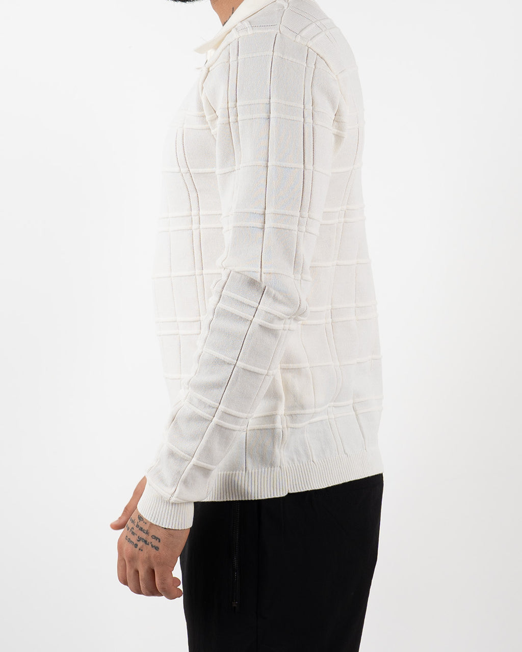 White Textured Check Quarter Zip Polo