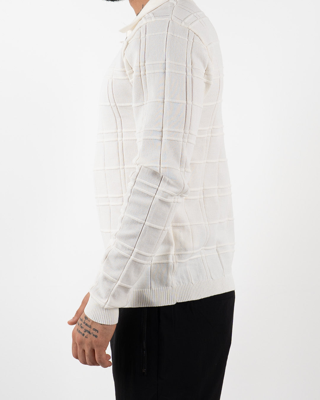 White Textured Check Quarter Zip Polo