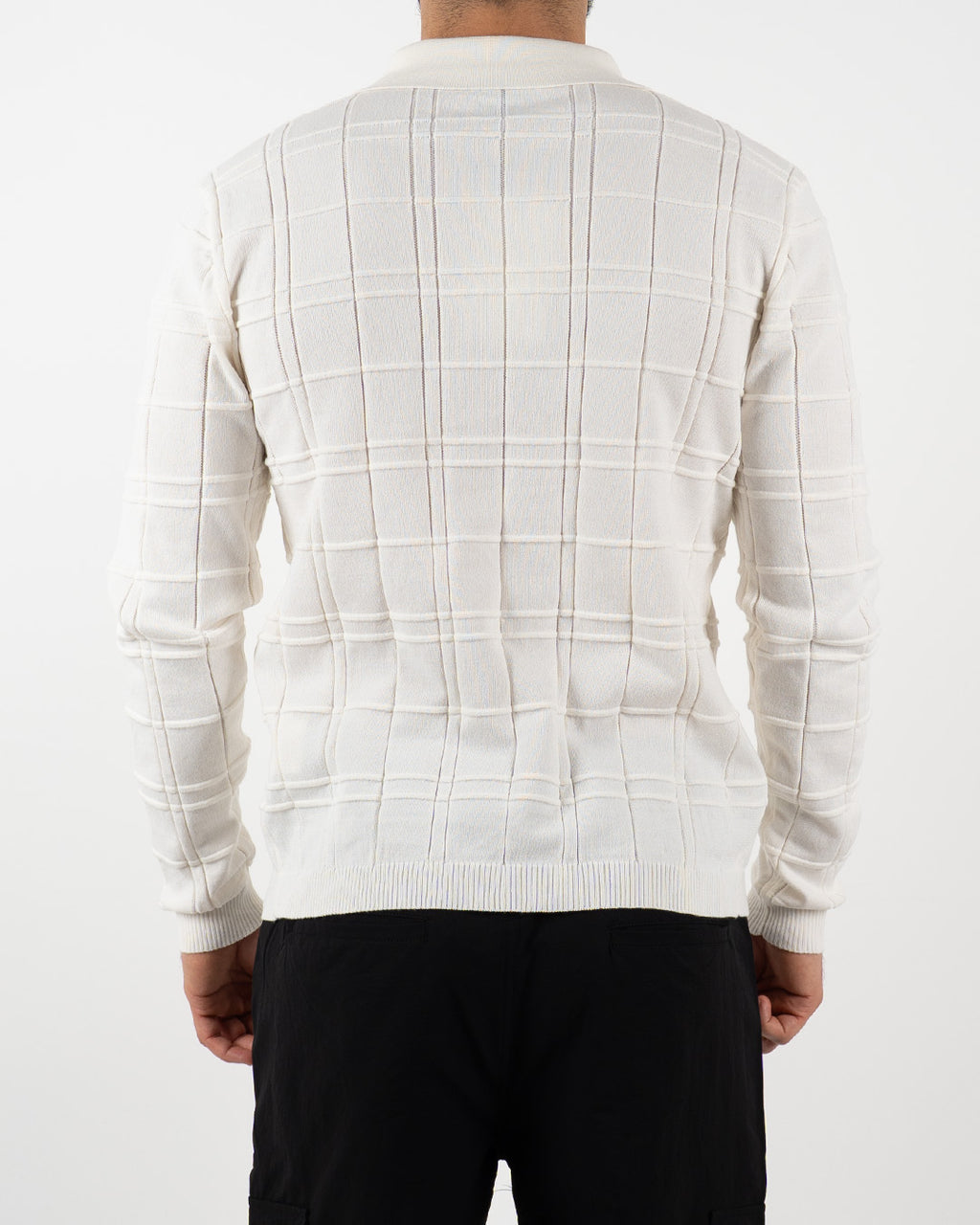 White Textured Check Quarter Zip Polo