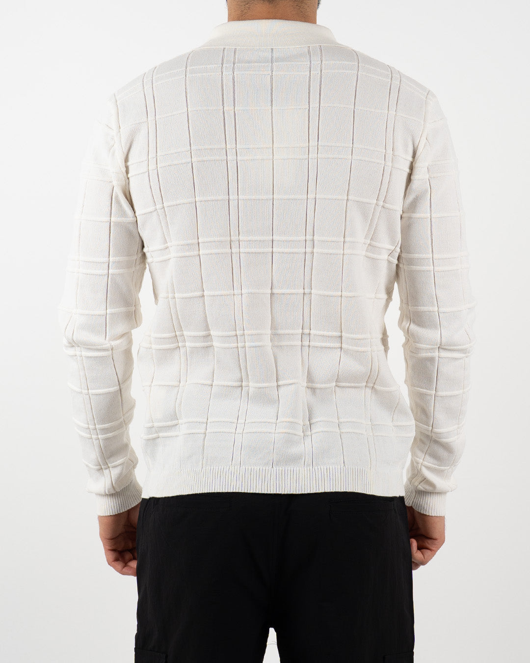 White Textured Check Quarter Zip Polo