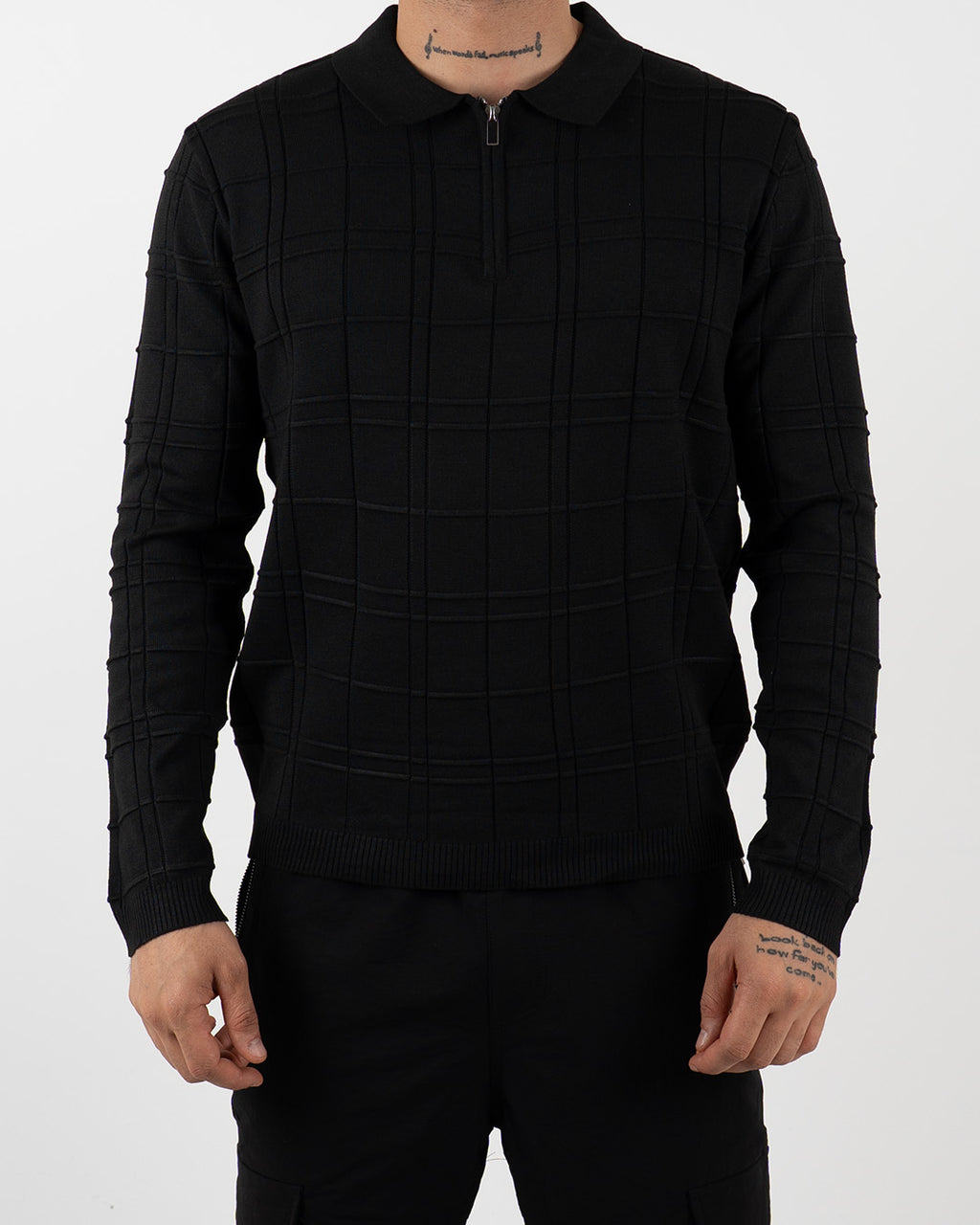 Black Textured Check Quarter Zip Polo