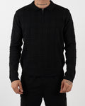 Black Textured Check Quarter Zip Polo