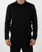 Black Textured Check Quarter Zip Polo