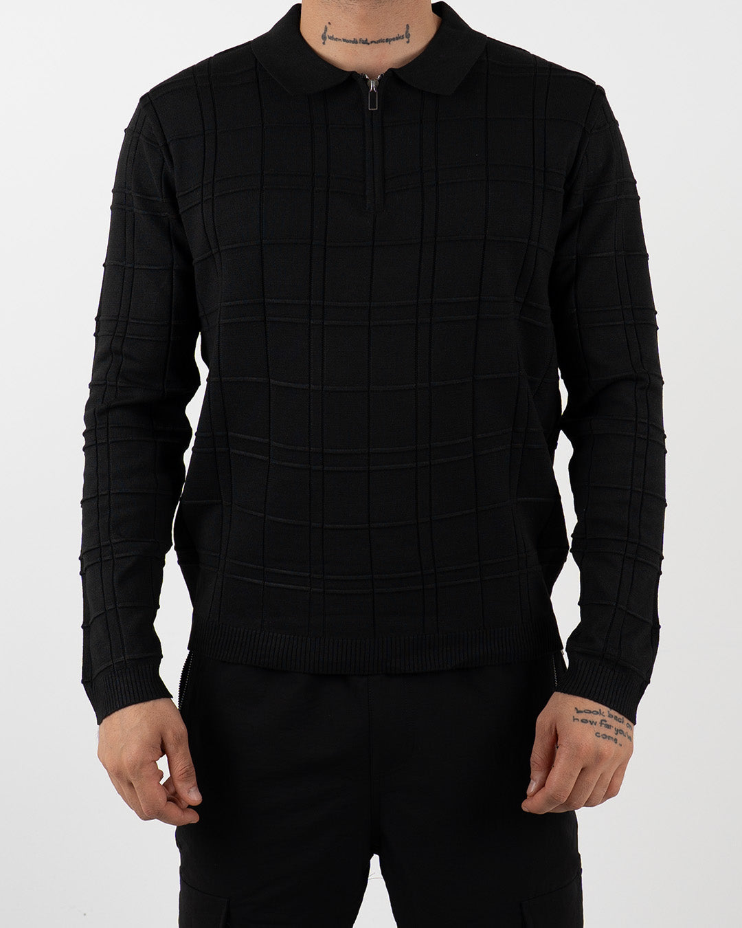 Black Textured Check Quarter Zip Polo