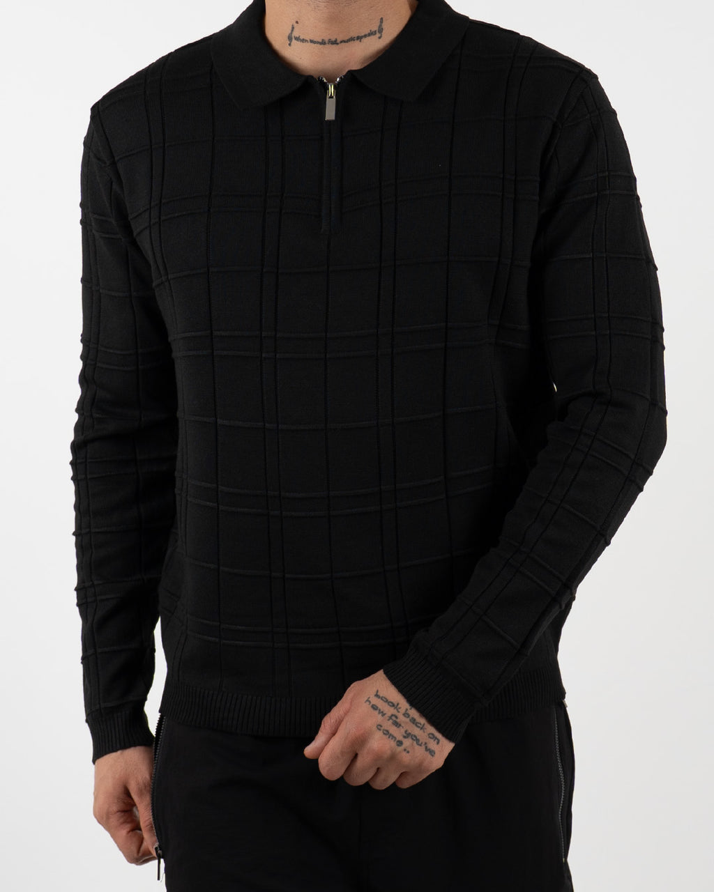 Black Textured Check Quarter Zip Polo