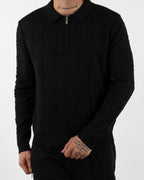 Black Textured Check Quarter Zip Polo
