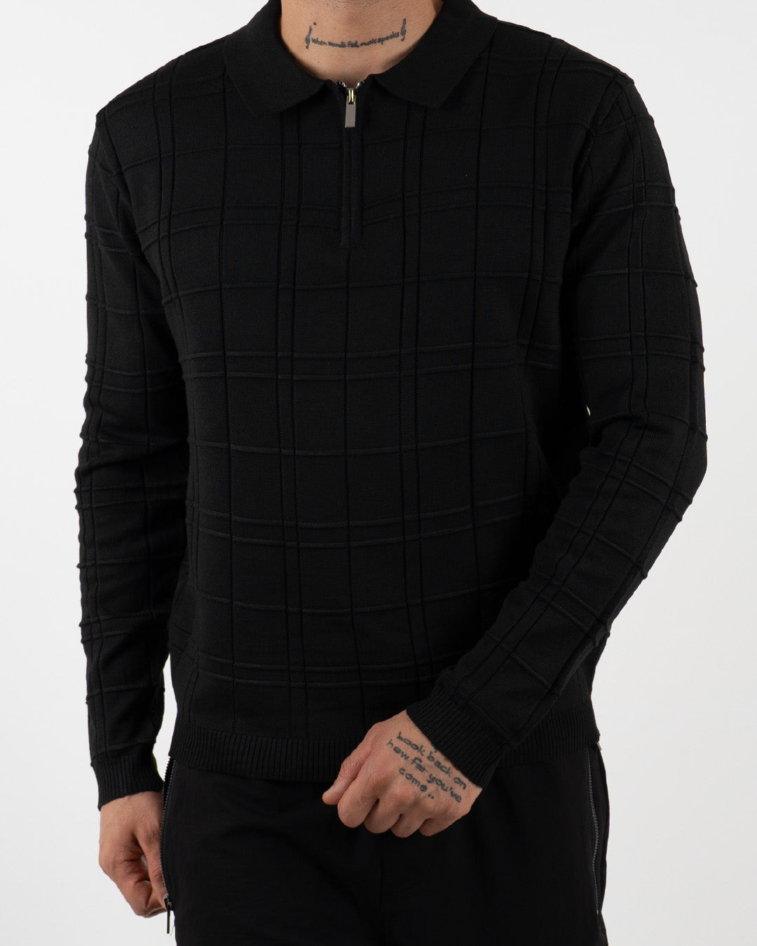 Black Textured Check Quarter Zip Polo