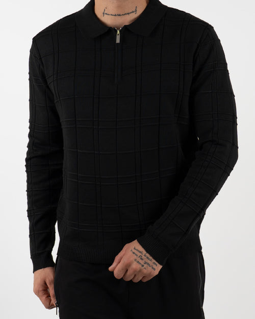 Black Textured Check Quarter Zip Polo