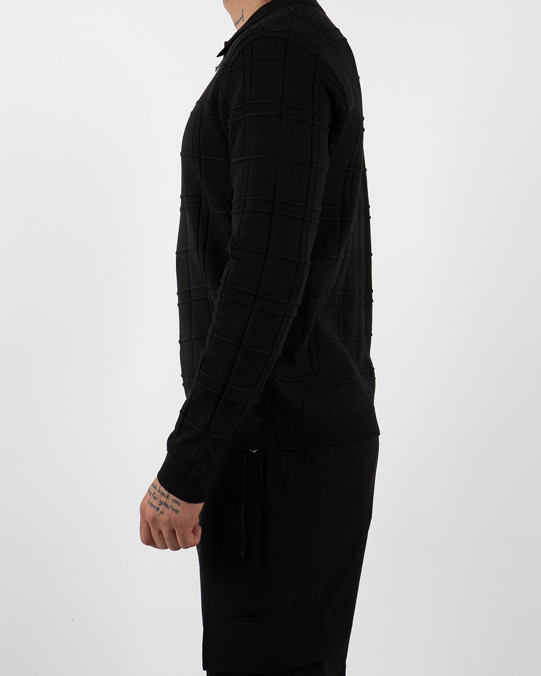 Black Textured Check Quarter Zip Polo